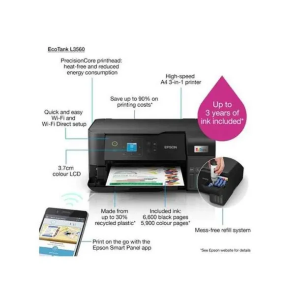 Epson EcoTank L3560 A4 Wi-Fi All-in-One Ink Tank Printer - Image 3